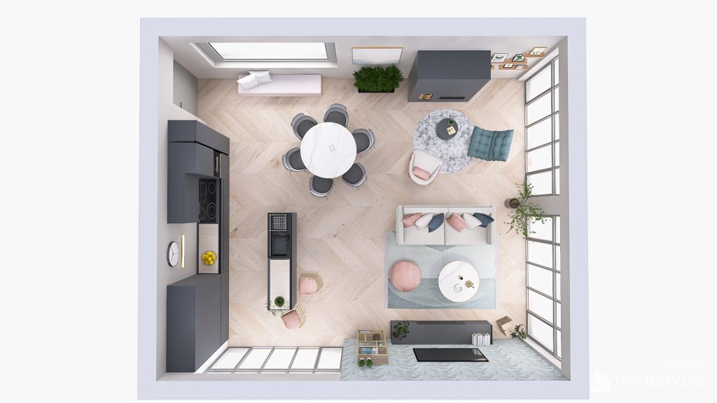 Stellplan für eine offene Küche mit Ess- und Wohnbereich